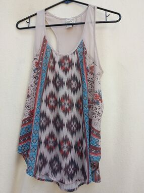 eyelash couture Beige Tank with Teal & Red Boho Print